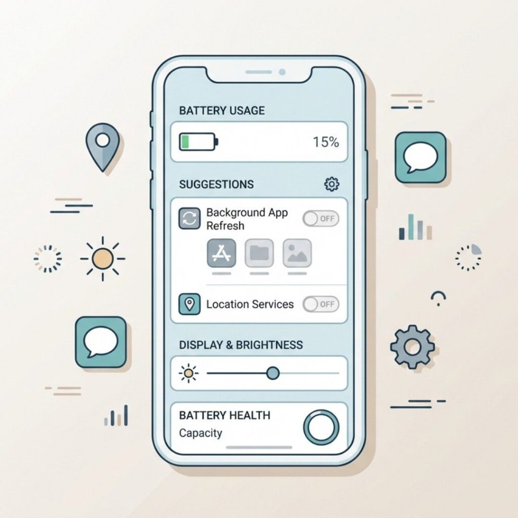 Flat vector illustration of iPhone battery settings with icons for low battery, brightness, apps, and location.