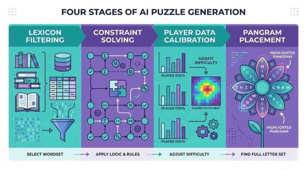 Four stages of AI puzzle generation in Blossom Daily Word Game