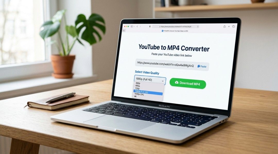 MacBook Pro showing a YouTube to MP4 converter tool