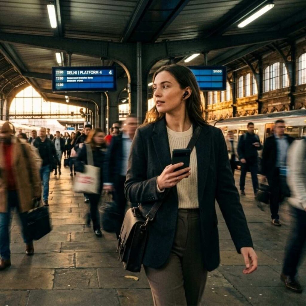 Young professional wearing wireless earbuds listening to converted YouTube audio on a smartphone while walking through a busy train station during travel.