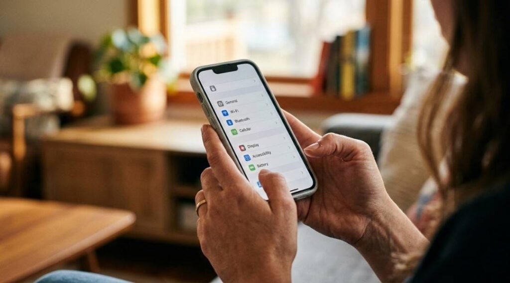 Person holding iPhone looking confused about blocked messages and contacts iOS