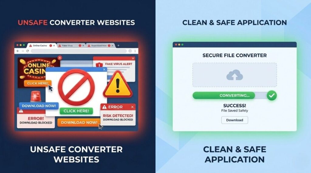Split screen illustration comparing unsafe YouTube converter websites filled with pop-up ads and warnings versus a clean secure converter app with a progress bar and green checkmark.