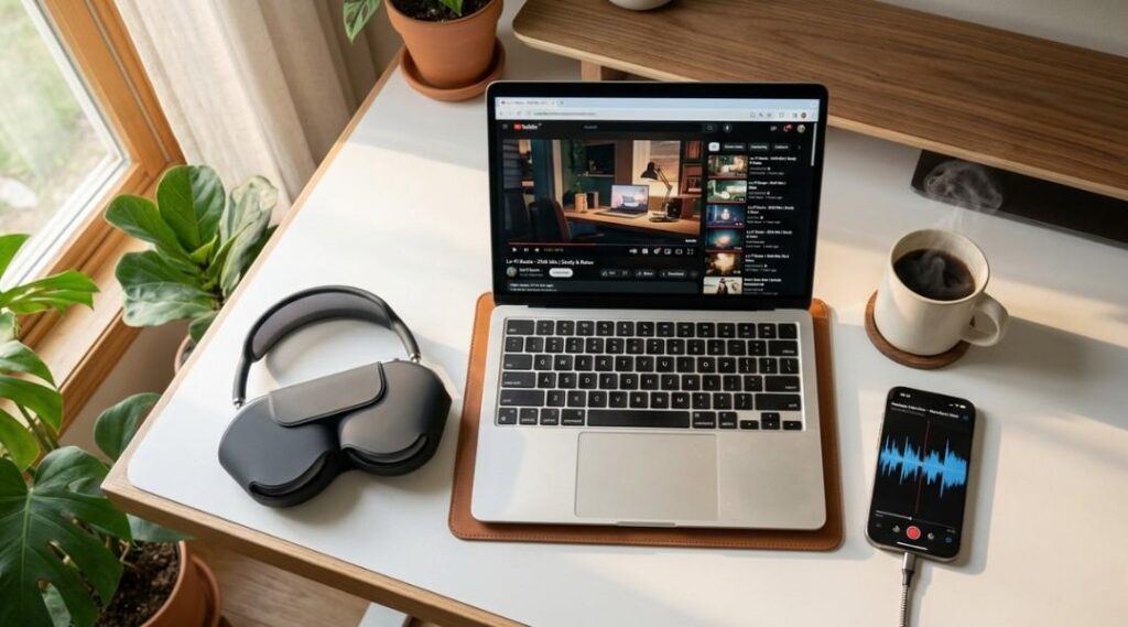 Modern minimalist desk with a laptop playing a YouTube video, headphones beside it, a steaming coffee cup, and a smartphone showing an audio waveform representing a YouTube converter workflow.