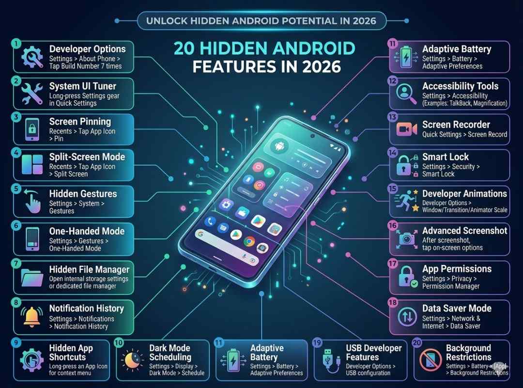 Infographic showing 20 hidden Android features in 2026, including developer options, hidden gestures, screen pinning, split-screen, adaptive battery, smart lock, dark mode, and productivity tools with annotations on where to access each feature.