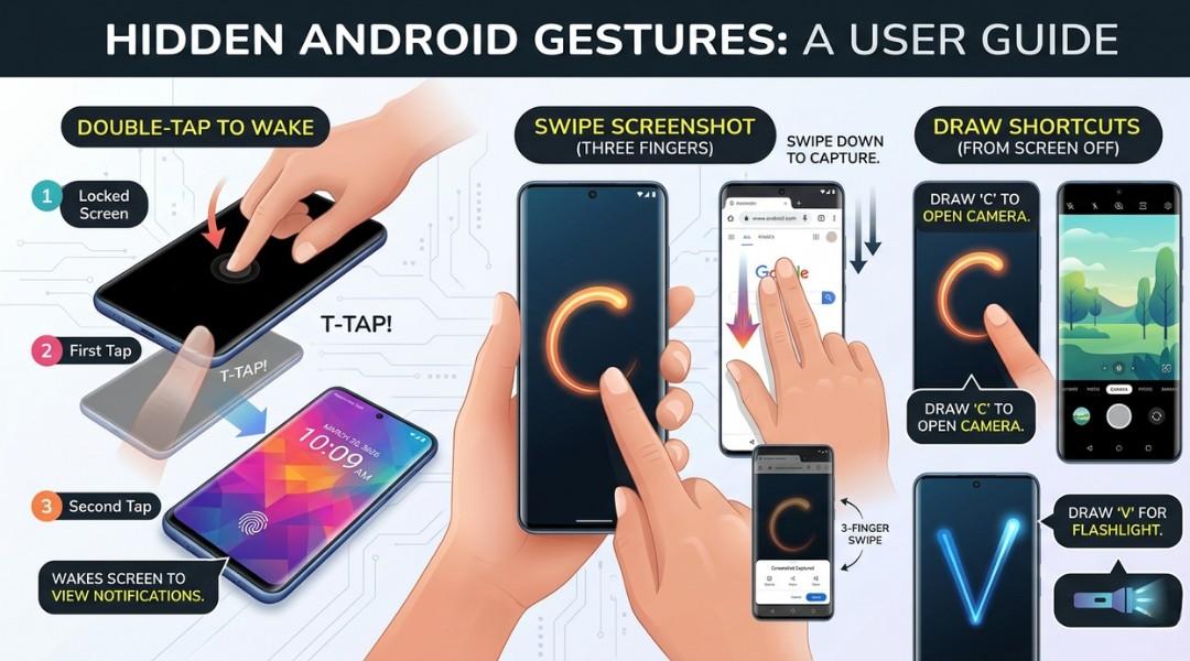 Illustration of a user performing hidden gestures on an Android device in 2026, including double-tap to wake, swipe screenshot, and draw shortcuts to open apps with annotations explaining each gesture.