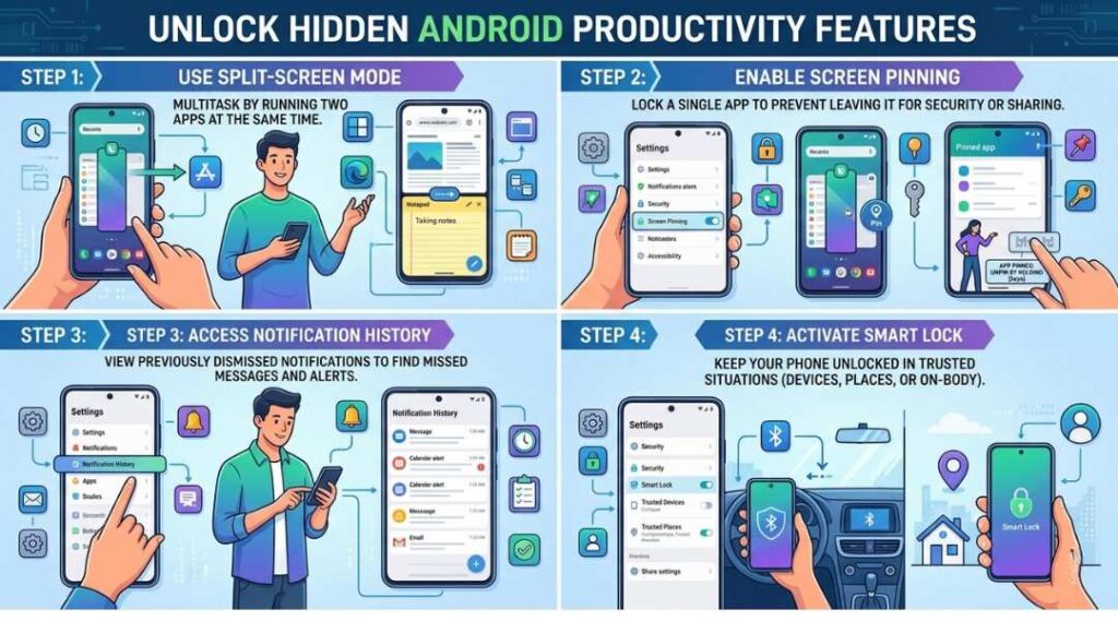 Illustration of multiple Android productivity hidden features in 2026 including split-screen mode, screen pinning, notification history, and smart lock, shown with smartphone UI overlays and step-by-step labels.