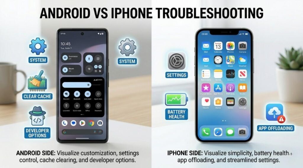 Side-by-side Android vs iPhone troubleshooting comparison showing customization, cache clearing, battery health, and app management features.