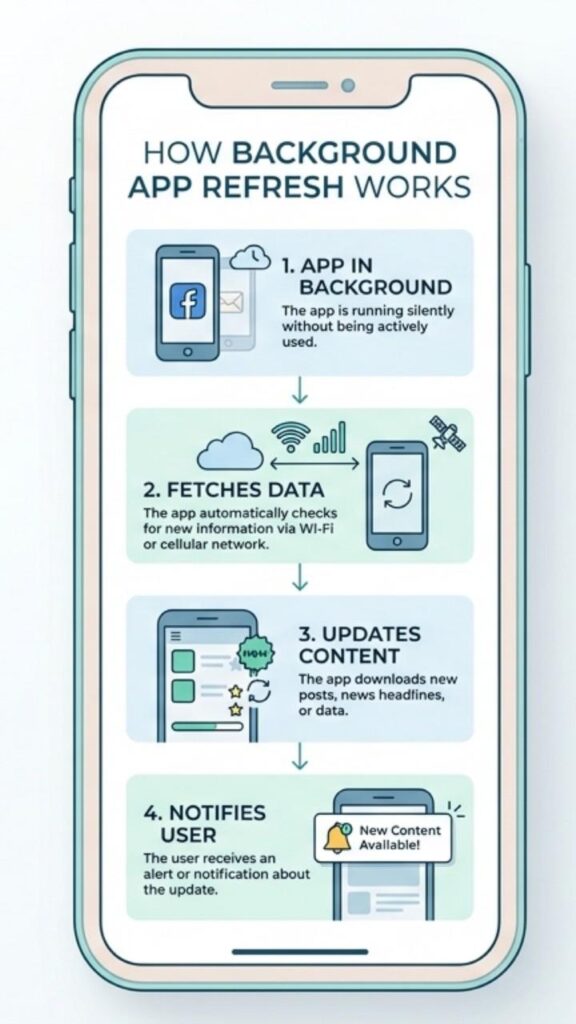Infographic showing how background app refresh works: app runs in background, fetches data, updates content, sends notification, simple smartphone diagram for US audience