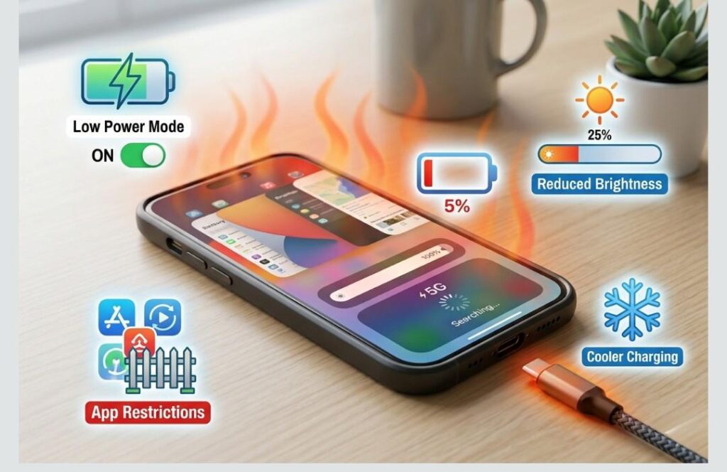 Smartphone troubleshooting image showing low battery, overheating, charging, background apps, and settings to reduce battery drain.
