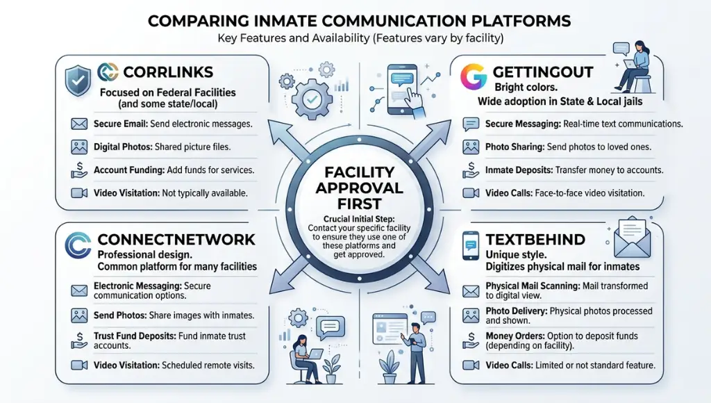 best inmate text app comparison chart showing CorrLinks, GettingOut, ConnectNetwork, and TextBehind by workflow