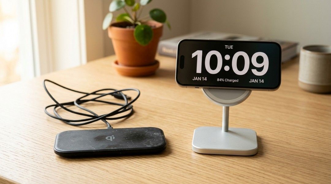 Comparison of a basic Qi wireless charging pad and a Qi2 MagSafe stand charging an iPhone in StandBy mode on a desk