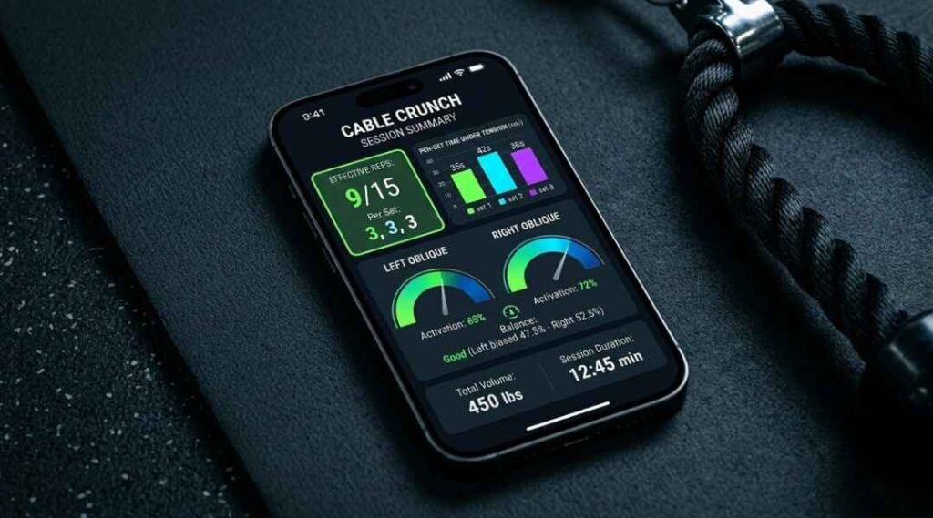 Smart gym app dashboard showing cable crunches session data including effective reps, time under tension, and bilateral muscle activation comparison