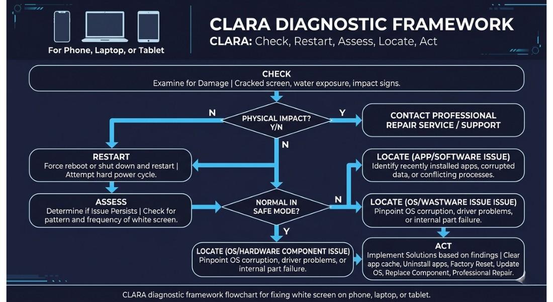 CLARA diagnostic framework flowchart for fixing white screen on phone, laptop, or tablet