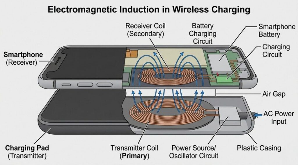 Diagram explaining electromagnetic induction in wireless charging showing transmitter coil, receiver coil, and smartphone battery charging process