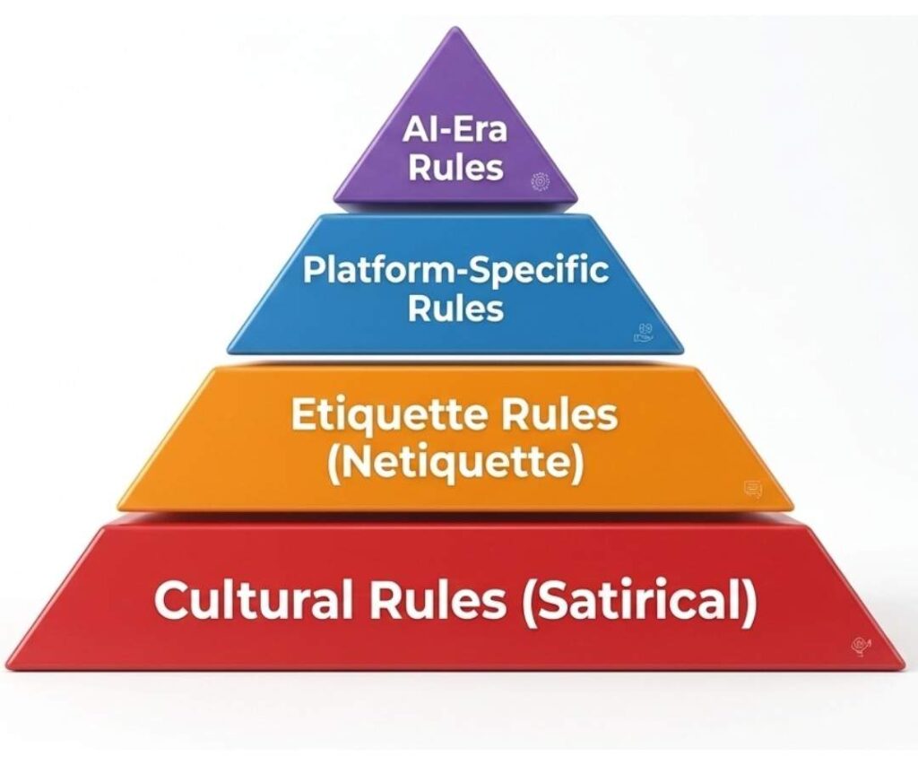 Four-tier pyramid diagram illustrating the hierarchy of internet rules from cultural satirical rules at the base to emerging AI-era rules at the top