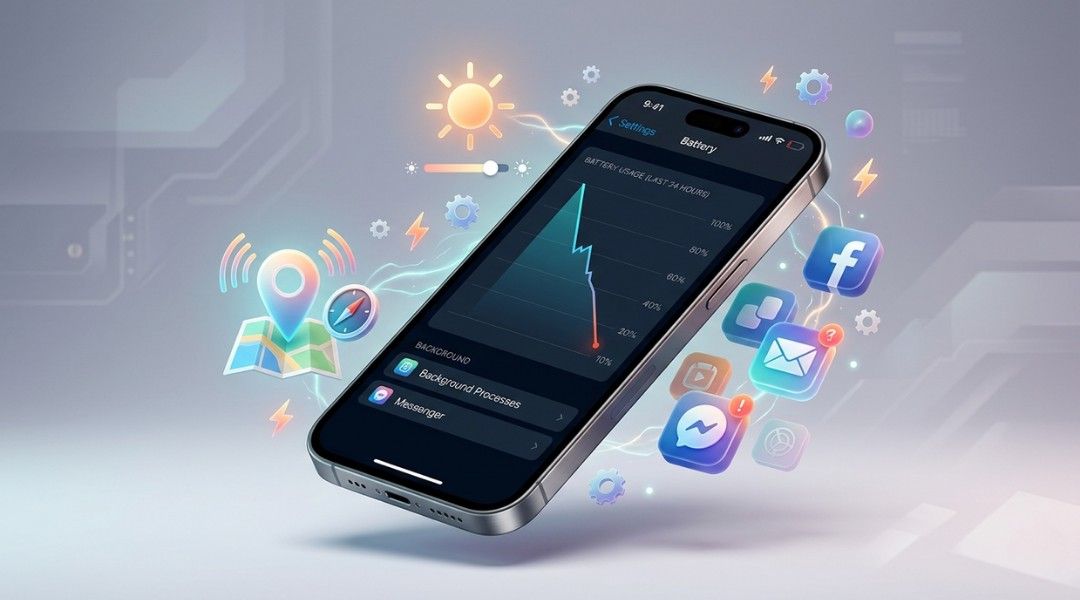 3D illustration of an iPhone with a fast-dropping battery graph and icons for background apps and location services.