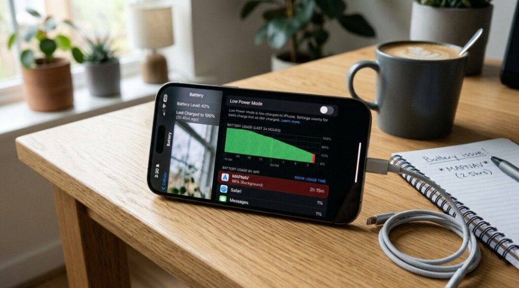 Photorealistic iPhone on a desk showing Battery settings and high battery usage from an app.