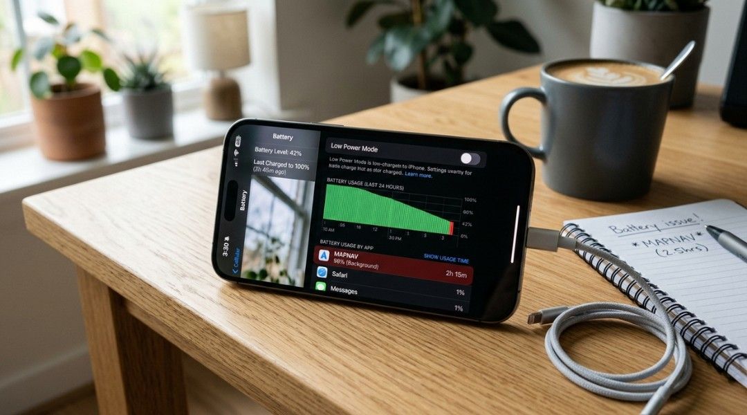Photorealistic iPhone on a desk showing Battery settings and high battery usage from an app.