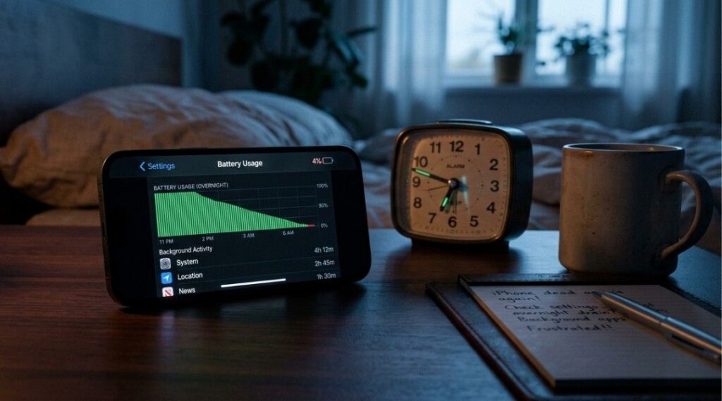 Cinematic iPhone on a bedside table showing overnight battery drain and background activity in low morning light.