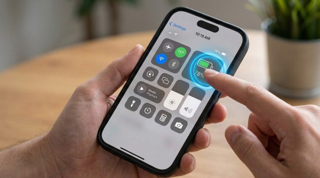 iPhone Control Center open with battery icon being tapped to disable Low Power Mode