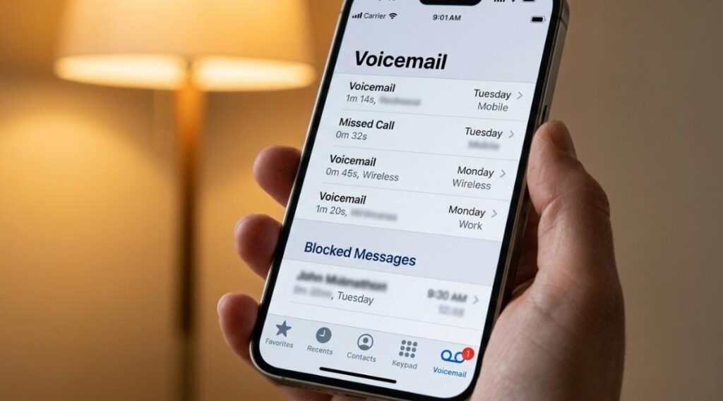 iPhone Phone app Voicemail tab showing Blocked Messages section at bottom iOS 18