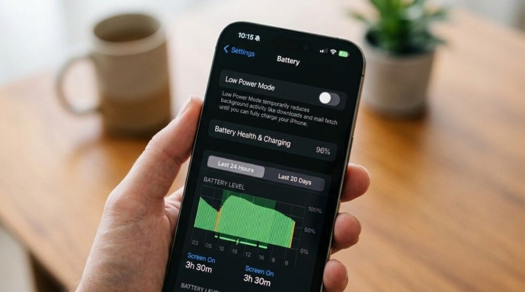 iPhone screen showing Settings Battery Low Power Mode toggle turned off with green battery icon