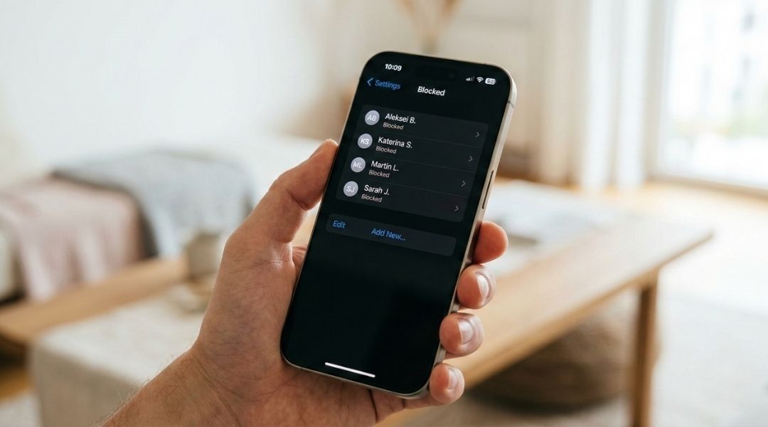 iPhone Settings screen showing Blocked Contacts list under Phone app settings iOS 18