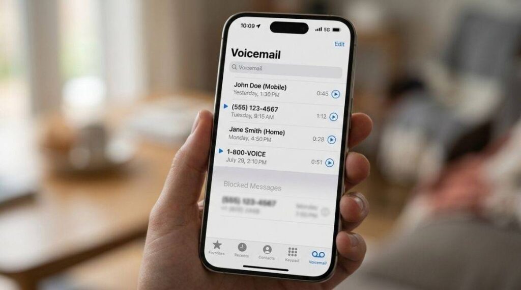 iPhone Voicemail tab showing Blocked Messages section at bottom of list iOS Phone app