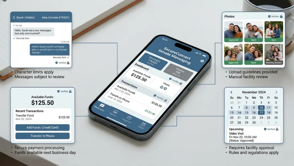 inmate messaging app workflow with text, deposits, photos, and visits