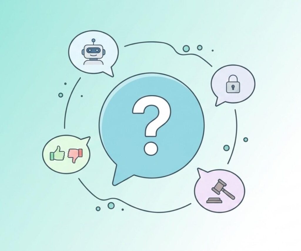 Illustrated FAQ header showing common questions about internet rules including AI, privacy, legal enforcement, and community voting icons