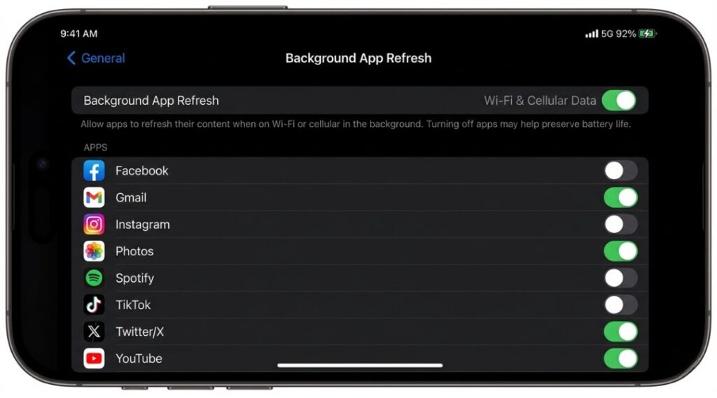 iPhone showing Background App Refresh settings with options off, Wi-Fi only, and Wi-Fi & Mobile Data in the US interface