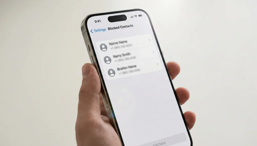 iPhone Settings screen showing the Blocked Contacts list under Phone settings in iOS 18