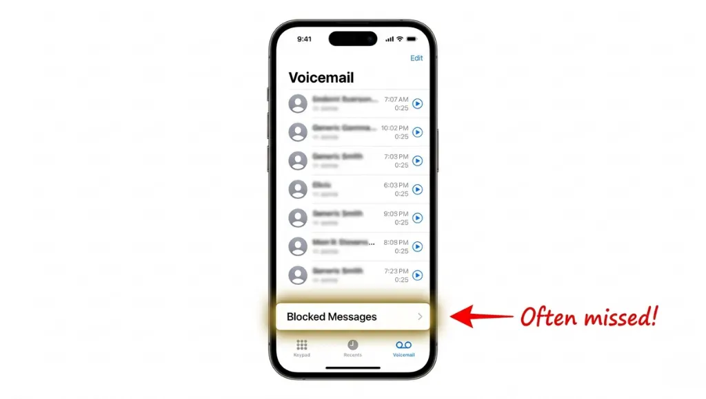 iPhone Voicemail tab with the hidden Blocked Messages folder highlighted at the bottom of the list