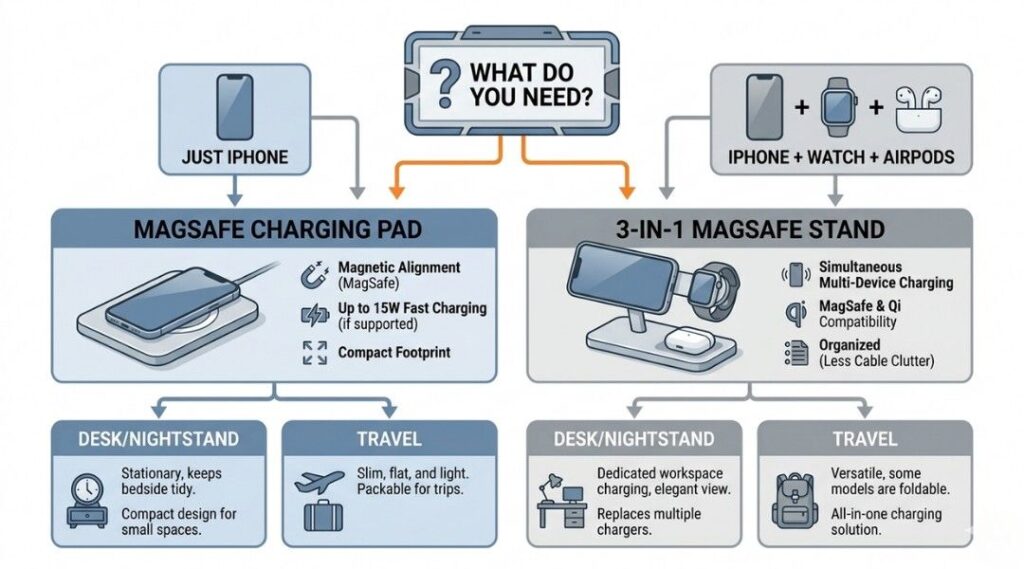 Flowchart showing how to choose the best wireless charger for iPhone including MagSafe pad and 3 in 1 charging stand options