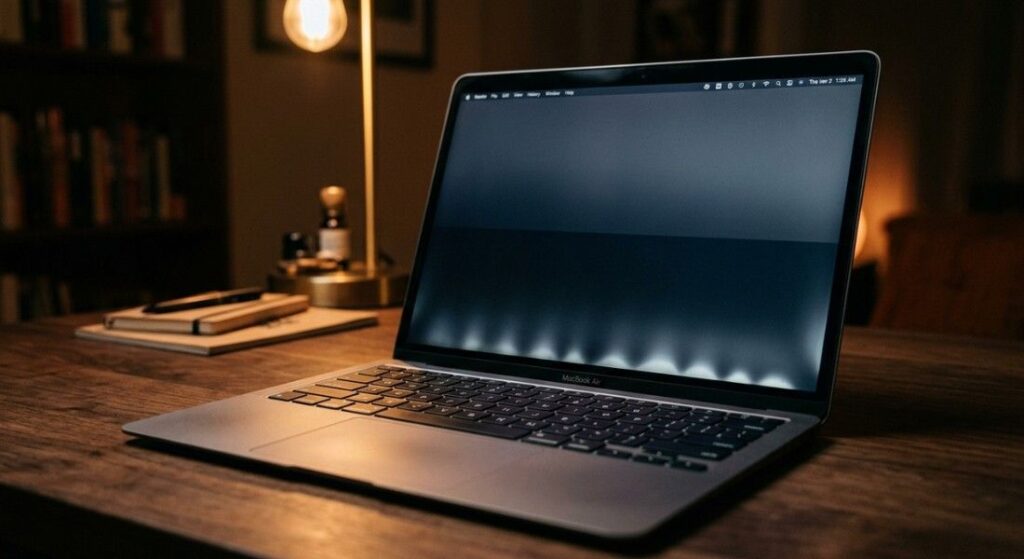 MacBook Air Flexgate symptom showing backlight dimming from bottom with flashlight glow effect along the screen edge