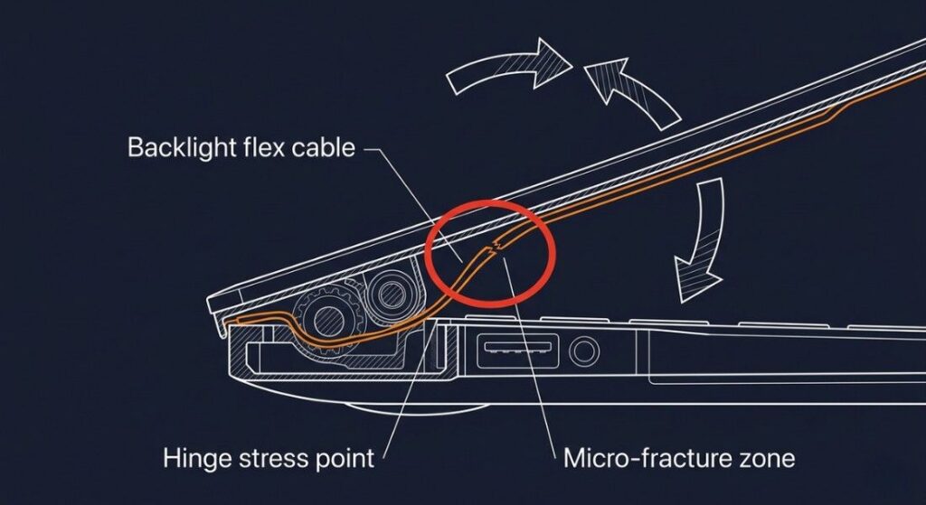 Technical diagram of MacBook Air backlight flex cable through hinge highlighting stress point and fracture area causing Flexgate