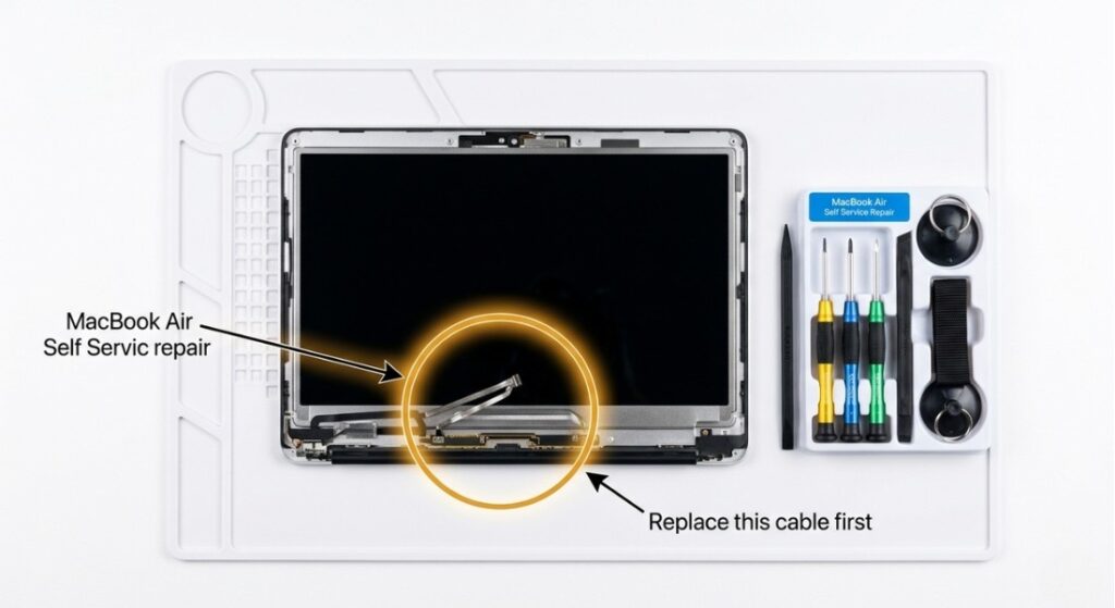 MacBook Air backlight flex cable highlighted during repair showing component commonly replaced in Flexgate cases