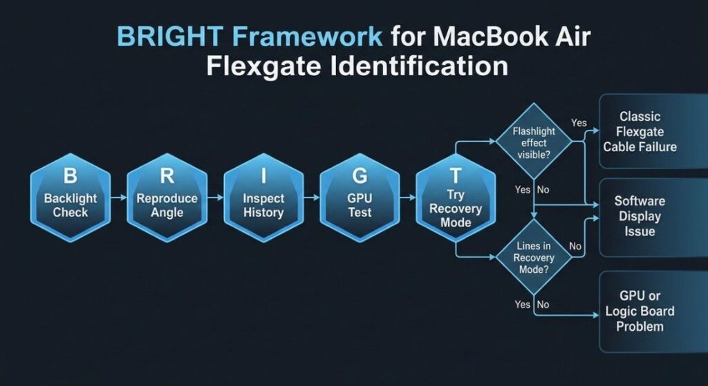 BRIGHT framework flowchart for diagnosing MacBook Air Flexgate with steps and outcomes for cable, GPU, or software issues