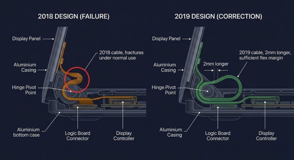 Technical diagram comparing 2018 MacBook Pro flexgate cable with shorter length to improved 2019 cable design and stress point