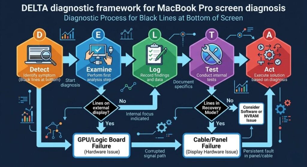 DELTA diagnostic framework flowchart for identifying MacBook Pro black lines at bottom of screen and root cause