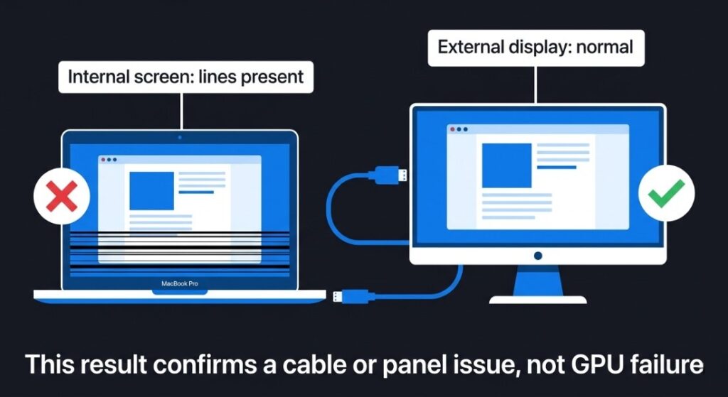MacBook Pro with black lines on internal screen while external monitor displays normally, confirming display cable problem