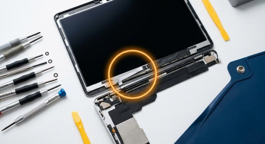 MacBook Pro display flex cable highlighted during repair, main cause of black lines at the bottom of the screen