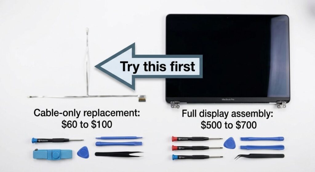 Comparison of MacBook Pro Flexgate cable replacement versus full display assembly showing cost difference and repair priority