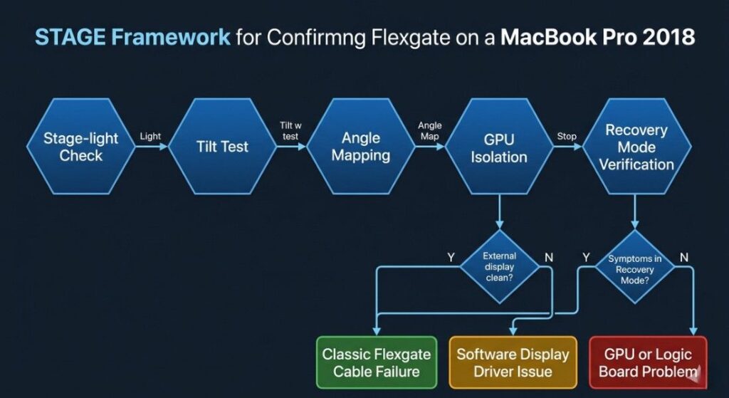 STAGE framework flowchart for diagnosing MacBook Pro Flexgate with steps to identify cable, software, or GPU issues
