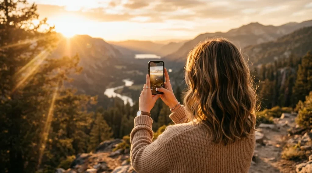Person taking a photo with a smartphone outdoors during golden hour natural lighting