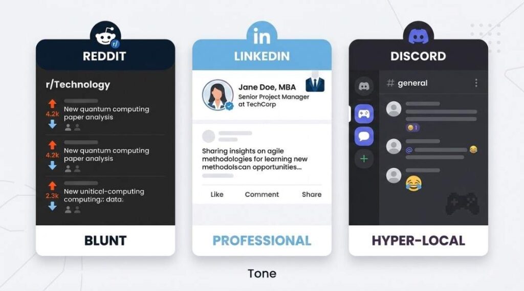 Side-by-side comparison of internet etiquette across Reddit, LinkedIn, and Discord showing how platform-specific rules differ in tone and community norms