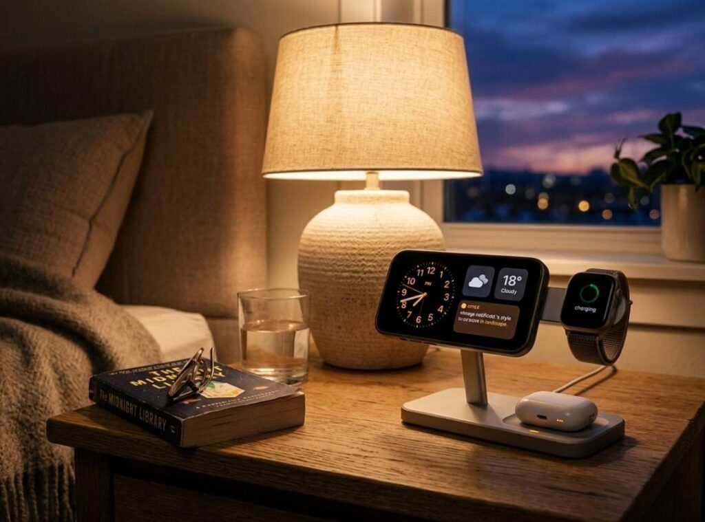 Qi2 3 in 1 wireless charging stand charging iPhone in StandBy mode with Apple Watch and AirPods on a bedroom nightstand