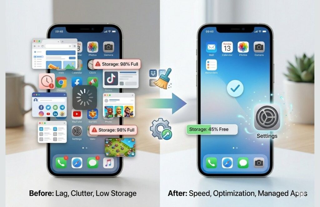 Illustration of a slow smartphone with too many apps, full storage, and a before-and-after mobile performance optimization comparison.