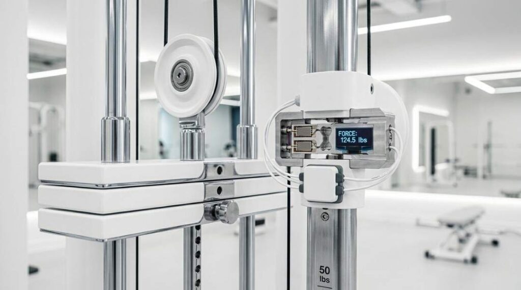 Close-up of smart cable machine load cell sensor measuring real-time cable tension during resistance training exercise