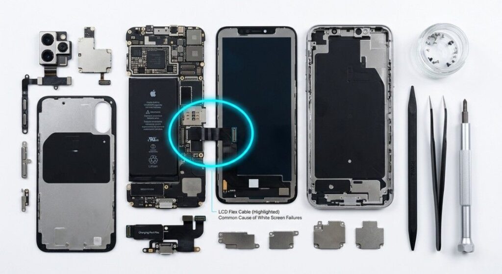 Smartphone disassembled showing LCD flex cable highlighted as the common cause of white screen failures